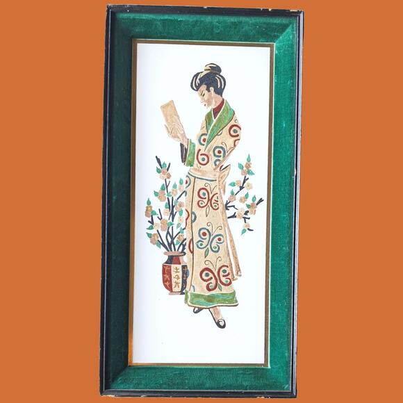 Vintage 1950s Man and Woman Paintings with Green Velvet Trim Frame - Picture 3 of 7